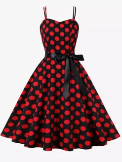 Polka Dot Vintage Midi Swing Dress for Women - 1950s A-Line Belted Rockabilly Slip Sun Dress - Summer Holiday Party 2026