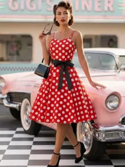 Polka Dot Vintage Midi Swing Dress for Women - 1950s A-Line Belted Rockabilly Slip Sun Dress - Summer Holiday Party 2026