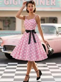 Polka Dot Vintage Midi Swing Dress for Women - 1950s A-Line Belted Rockabilly Slip Sun Dress - Summer Holiday Party 2026