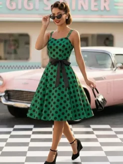 Polka Dot Vintage Midi Swing Dress for Women - 1950s A-Line Belted Rockabilly Slip Sun Dress - Summer Holiday Party 2026