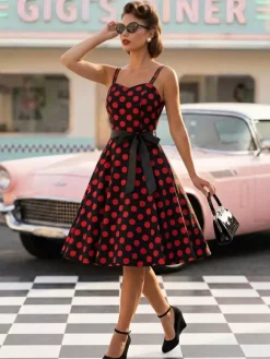 Polka Dot Vintage Midi Swing Dress for Women - 1950s A-Line Belted Rockabilly Slip Sun Dress - Summer Holiday Party 2026