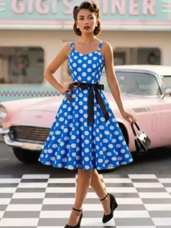 Polka Dot Vintage Midi Swing Dress for Women - 1950s A-Line Belted Rockabilly Slip Sun Dress - Summer Holiday Party 2026