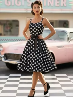 Polka Dot Vintage Midi Swing Dress for Women - 1950s A-Line Belted Rockabilly Slip Sun Dress - Summer Holiday Party 2026