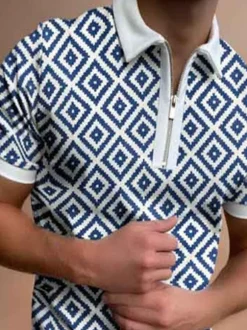 Polo Shirt For Men Turndown Collar Short Sleeves Zipper Regular Fit Blue Smart Polo Shirts