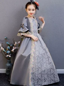 Polyester Fiber Tea Party Draped 3/4 Length Sleeves Polyester Summer Dress Floral Print Grey Kids' Lolita Dresses