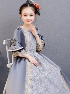 Polyester Fiber Tea Party Draped 3/4 Length Sleeves Polyester Summer Dress Floral Print Grey Kids' Lolita Dresses