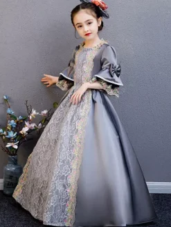 Polyester Fiber Tea Party Draped 3/4 Length Sleeves Polyester Summer Dress Floral Print Grey Kids' Lolita Dresses