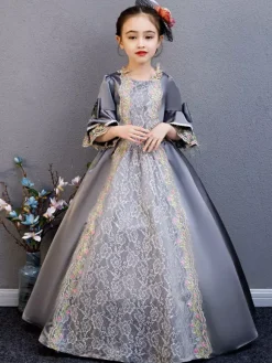 Polyester Fiber Tea Party Draped 3/4 Length Sleeves Polyester Summer Dress Floral Print Grey Kids' Lolita Dresses