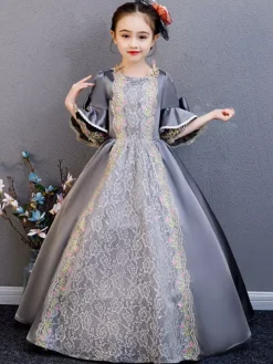 Polyester Fiber Tea Party Draped 3/4 Length Sleeves Polyester Summer Dress Floral Print Grey Kids' Lolita Dresses