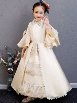 Polyester Fiber Tea Party Draped 3/4 Length Sleeves Polyester Summer Dress Floral Print Burgundy Kids' Lolita Dresses