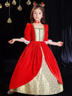 Polyester Fiber Tea Party Lace 3/4 Length Sleeves Polyester Dress Gothic Red Kids' Lolita Dresses