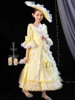 Polyester Fiber Tea Party Bows 3/4 Length Sleeves Polyester Jumpsuit ROCOCO Style Blond Kids' Lolita Dresses