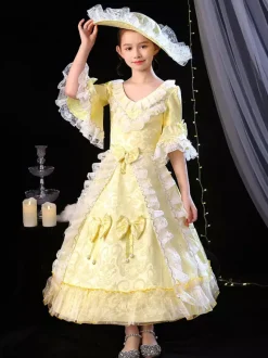 Polyester Fiber Tea Party Bows 3/4 Length Sleeves Polyester Jumpsuit ROCOCO Style Blond Kids' Lolita Dresses