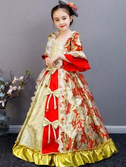 Polyester Fiber Tea Party Bows 3/4 Length Sleeves Polyester Fall Dress Floral Print Gothic Kids' Lolita Dresses