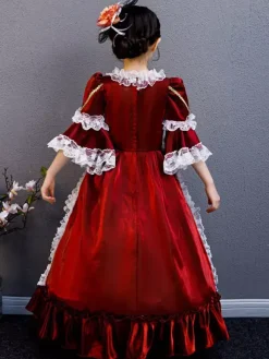 Polyester Fiber Tea Party Draped 3/4 Length Sleeves Polyester Summer Dress Floral Print Burgundy Kids' Lolita Dresses