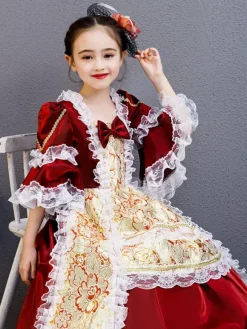 Polyester Fiber Tea Party Draped 3/4 Length Sleeves Polyester Summer Dress Floral Print Burgundy Kids' Lolita Dresses