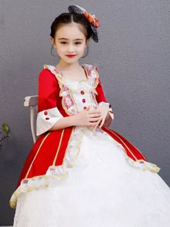 Polyester Fiber Tea Party Lace 3/4 Length Sleeves Polyester Jumpsuit ROCOCO Style Red Kids' Lolita Dresses