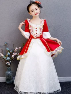 Polyester Fiber Tea Party Lace 3/4 Length Sleeves Polyester Jumpsuit ROCOCO Style Red Kids' Lolita Dresses