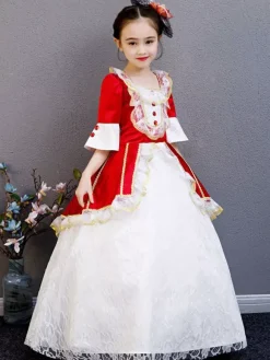 Polyester Fiber Tea Party Lace 3/4 Length Sleeves Polyester Jumpsuit ROCOCO Style Red Kids' Lolita Dresses