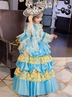 Polyester Fiber Tea Party Ruffles 3/4 Length Sleeves Polyester Dress ROCOCO Style Blue Kids' Lolita Dresses