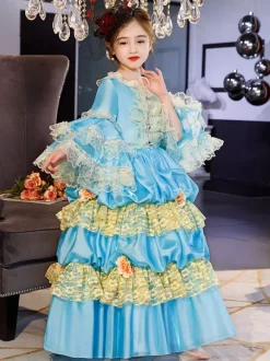 Polyester Fiber Tea Party Ruffles 3/4 Length Sleeves Polyester Dress ROCOCO Style Blue Kids' Lolita Dresses