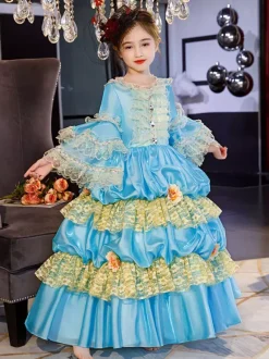 Polyester Fiber Tea Party Ruffles 3/4 Length Sleeves Polyester Dress ROCOCO Style Blue Kids' Lolita Dresses
