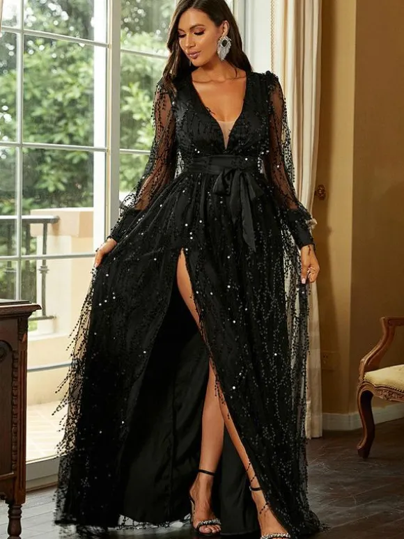 Preals Dress Plunge High-Slit Illusion Sleeves Prom Maxi Dresses