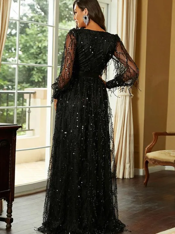 Preals Dress Plunge High-Slit Illusion Sleeves Prom Maxi Dresses
