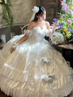 Princess Fairy Lolita Wedding Dress Strapless Floor-Lengh Multi Layers Flower Lolita Dress