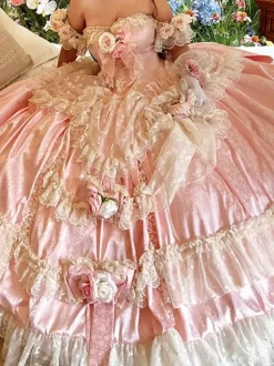 Princess Fairy Lolita Wedding Dress Strapless Floor-Lengh Multi Layers Flower Lolita Dress