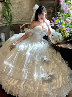 Princess Fairy Lolita Wedding Dress Strapless Floor-Lengh Multi Layers Flower Lolita Dress