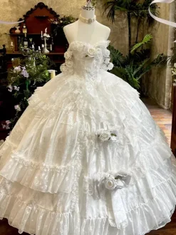 Princess Fairy Lolita Wedding Dress Strapless Floor-Lengh Multi Layers Flower Lolita Dress