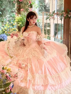 Princess Fairy Lolita Wedding Dress Strapless Floor-Lengh Multi Layers Flower Lolita Dress