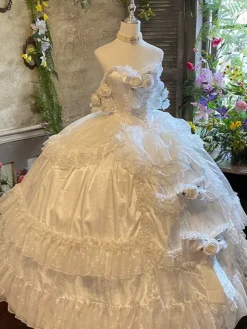 Princess Fairy Lolita Wedding Dress Strapless Floor-Lengh Multi Layers Flower Lolita Dress