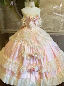 Princess Fairy Lolita Wedding Dress Strapless Floor-Lengh Multi Layers Flower Lolita Dress