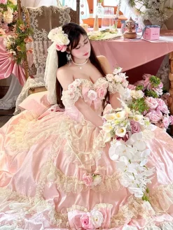 Princess Fairy Lolita Wedding Dress Strapless Floor-Lengh Multi Layers Flower Lolita Dress