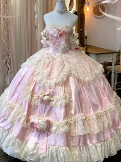 Princess Fairy Lolita Wedding Dress Strapless Floor-Lengh Multi Layers Flower Lolita Dress