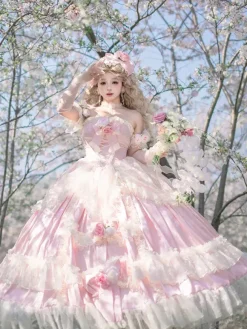 Princess Fairy Lolita Wedding Dress Strapless Floor-Lengh Multi Layers Flower Lolita Dress