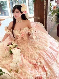 Princess Fairy Lolita Wedding Dress Strapless Floor-Lengh Multi Layers Flower Lolita Dress