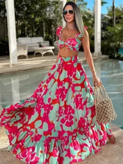 Printed Ruffled Strap Bikini And Maxi Skirt 3-Piece Swimsuit Set For Summer 2026
