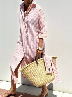 Printed Shirt Dress For Women - Casual Collared Button Down Tie Waist Midi Kaftan - Summer Beach Resort 2026