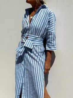 Printed Shirt Dress For Women - Casual Collared Button Down Tie Waist Midi Kaftan - Summer Beach Resort 2026