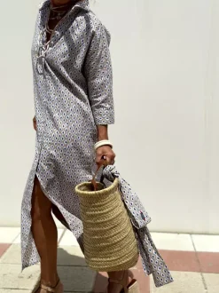 Printed Shirt Dress For Women - Casual Collared Button Down Tie Waist Midi Kaftan - Summer Beach Resort 2026