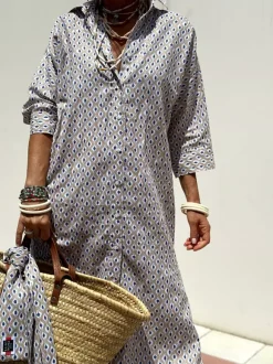 Printed Shirt Dress For Women - Casual Collared Button Down Tie Waist Midi Kaftan - Summer Beach Resort 2026