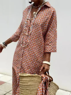 Printed Shirt Dress For Women - Casual Collared Button Down Tie Waist Midi Kaftan - Summer Beach Resort 2026