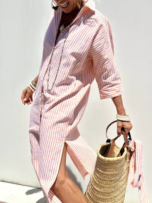 Printed Shirt Dress For Women - Casual Collared Button Down Tie Waist Midi Kaftan - Summer Beach Resort 2026