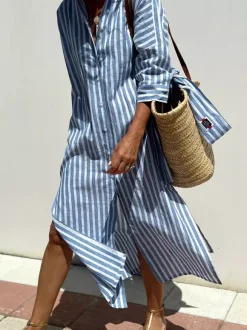 Printed Shirt Dress For Women - Casual Collared Button Down Tie Waist Midi Kaftan - Summer Beach Resort 2026