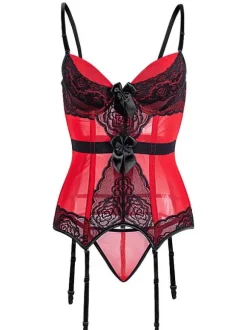Printed Hook And Eye Sexy Red Lace Women Bustier