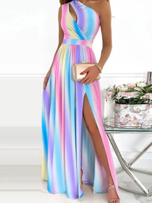 Printed Maxi Dress One-Shoulder Cutout High-Slit Prom Dresses