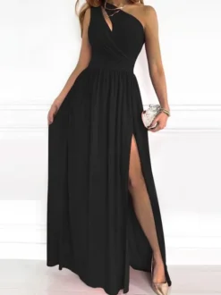 Printed Maxi Dress One-Shoulder Cutout High-Slit Prom Dresses